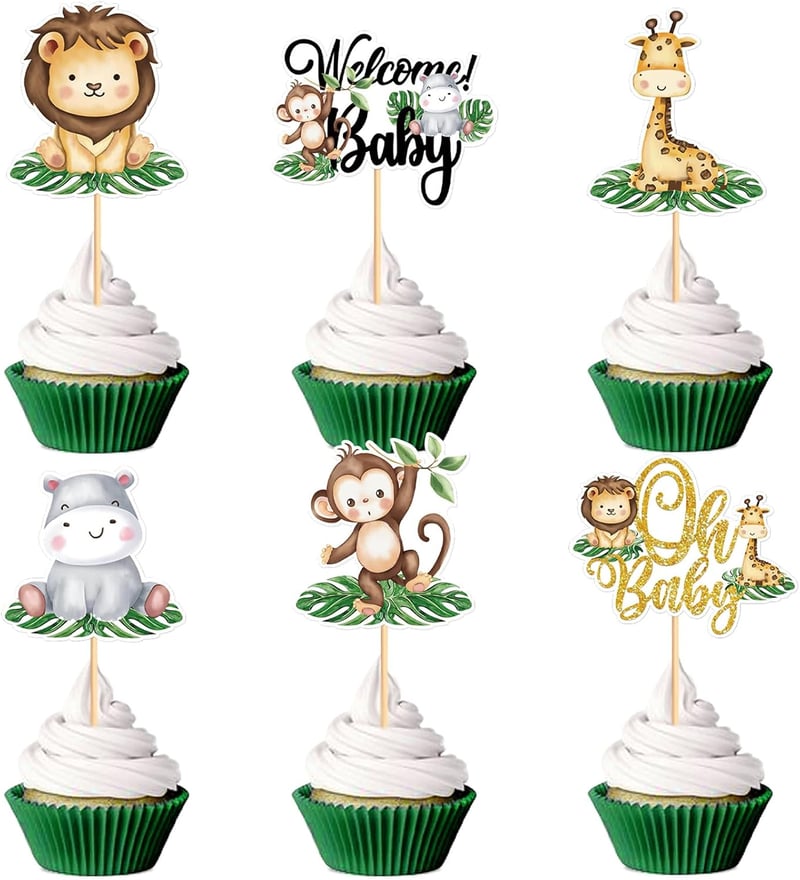 BRTNUP 24 db Cupcake Topper Dzsungel Állatok Születésnapi Tortadekoráció