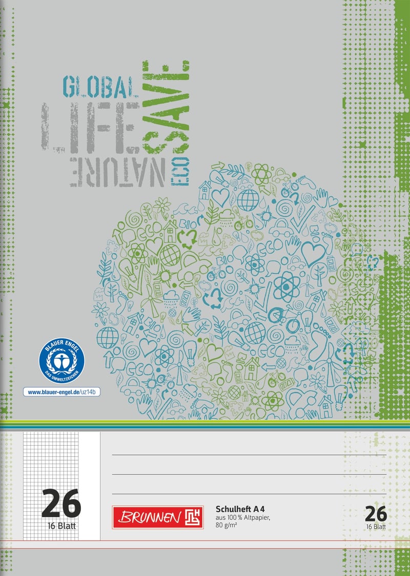Brunnen 104412601 Recyklovaný školský zošit A4, štvorčekový, 16-listový, s okrajmi