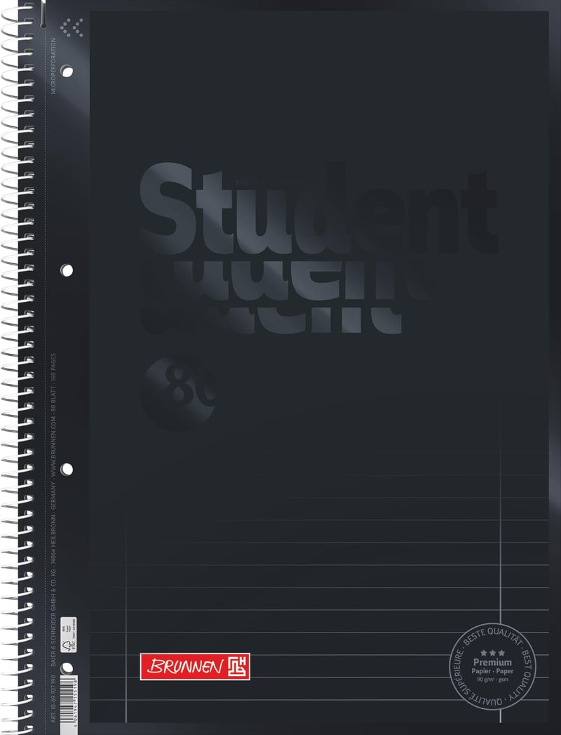 Špirálový zápisník BRUNNEN College Notepad Premium Student Colour Code – A4, linajkový (typ 27), 80 listov, ónyxová čierna