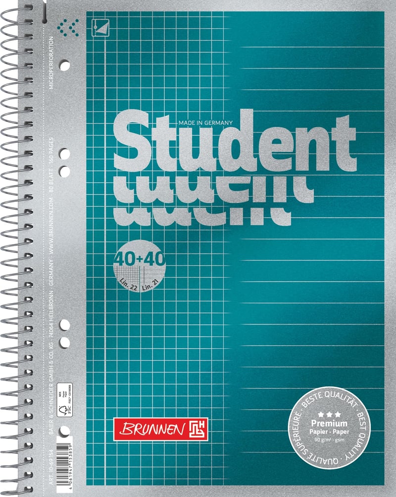 Študentský zápisník BRUNNEN College Notepad Premium DUO A5 štvorčekovaný/linajkový, 80 listov – petrolejový