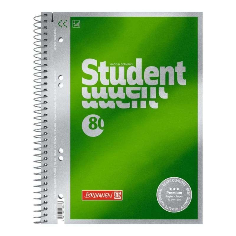 Študentský poznámkový blok BRUNNEN Premium A5, čistý – 80 listov, zelený