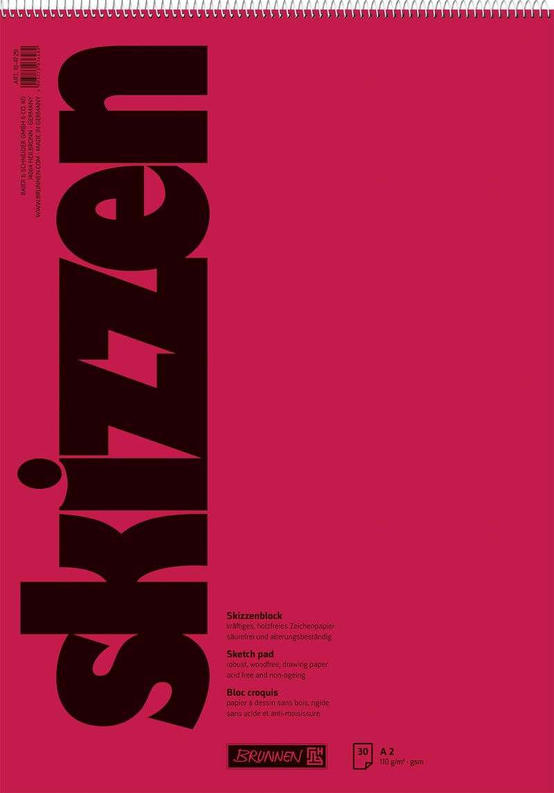 Skicár so špirálovou väzbou Brunnen A2 (420x594 mm), 110 g/m², 30 listov, bezkyselinový a bezdrevný výkresový papier