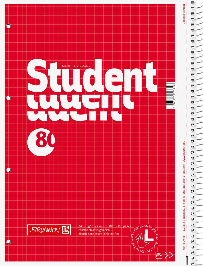 Špirálový blok Brunnen Student pre ľavákov – A4, štvorčekovaný (linajka 28), 80 listov, 70 g/m², červený