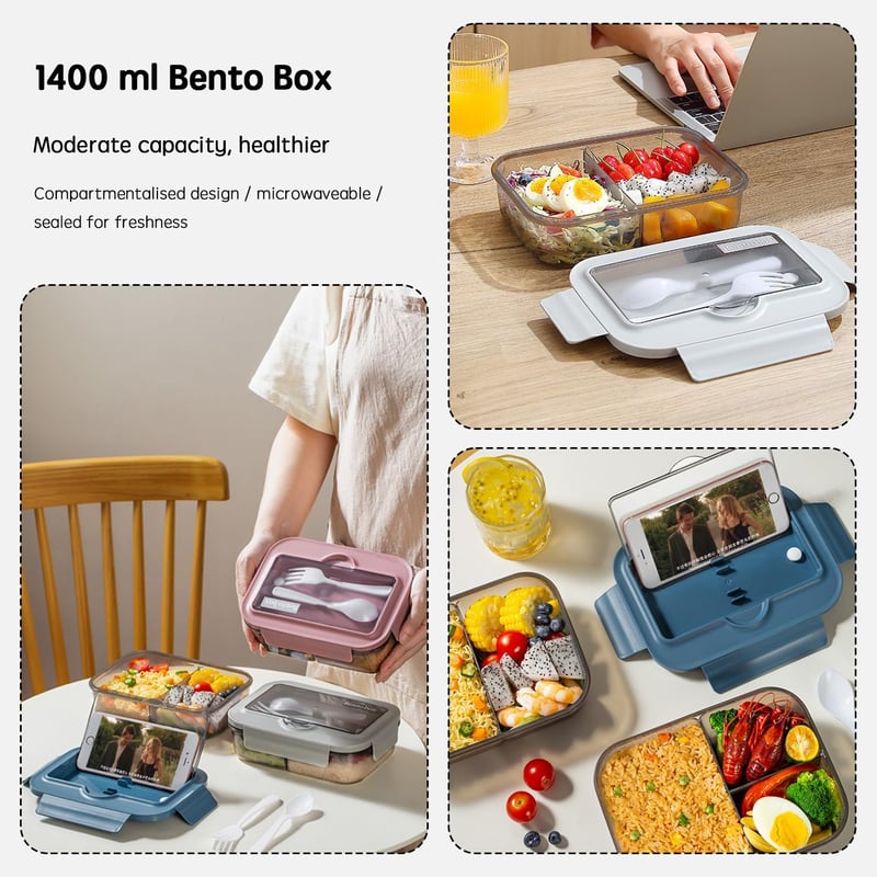 BRYN 1400 ml Bento Box Ételhordó Fedelesdoboz Kék Mikrózható Szilikon Tálcával