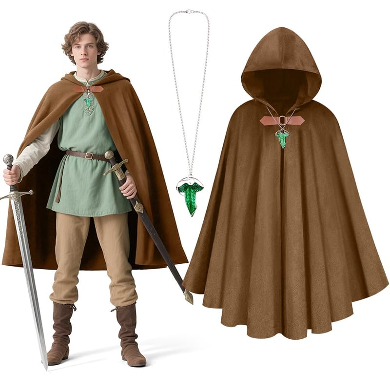 Unisex stredoveký kostým Gandalfa BSBUY s hnedým plášťom a brošňou so zeleným lístkom – renesančný vikingský kostým s kapucňou na karneval a Halloween