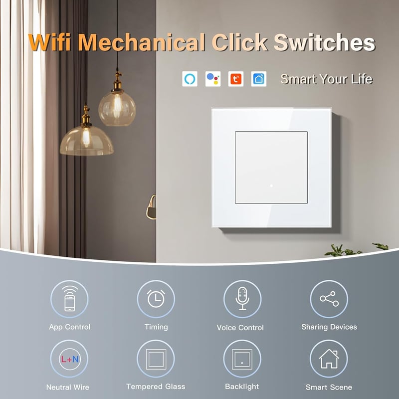 BSEED întrerupător inteligent WiFi compatibil cu Google Home Alexa, 86mm, alb, 2 buc