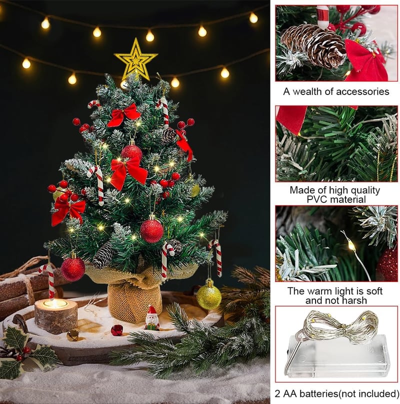 Bseical 60cm Asztali Karácsonyfa LED Világítással, Díszítésekkel és Csúccsal