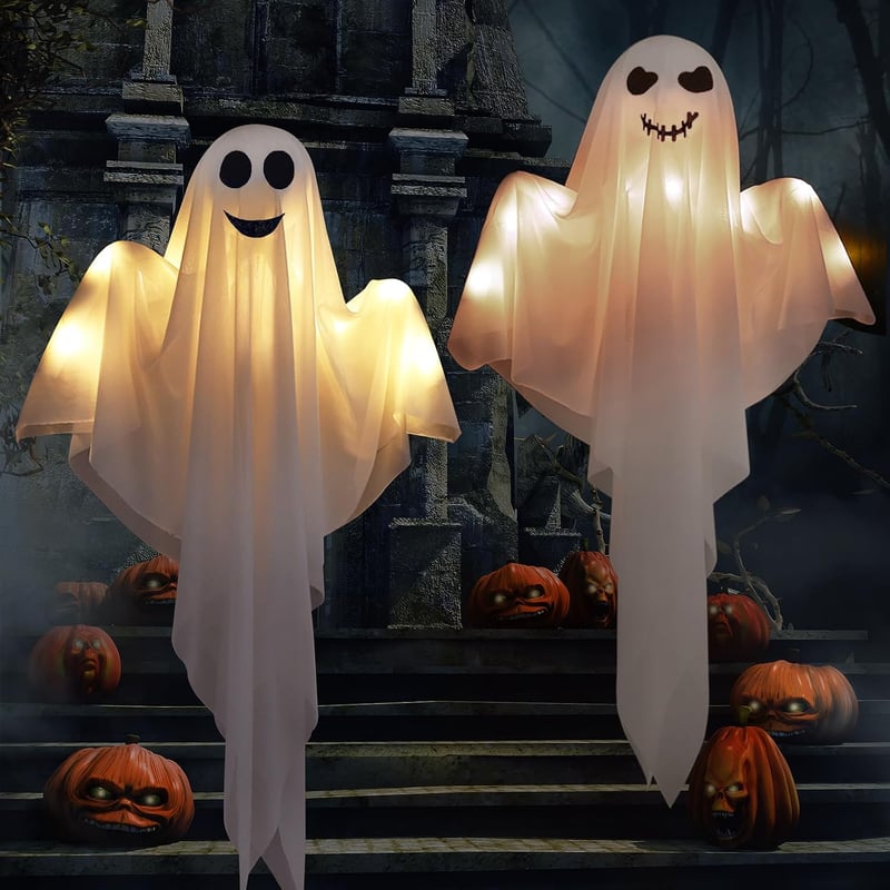 Bseical Halloween LED-es Szellem Dekoráció 60cm - 2 Darab Függeszthető Kert Dísz