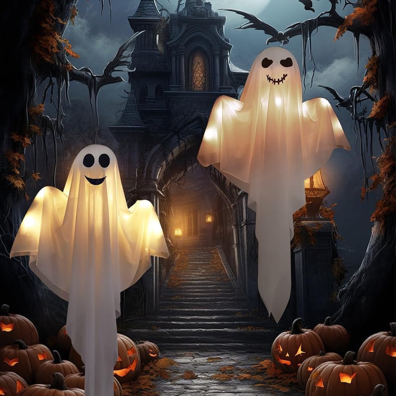 Bseical Halloween LED-es Szellem Dekoráció 60cm - 2 Darab Függeszthető Kert Dísz