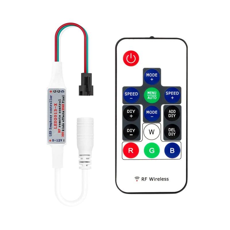 BTF-LIGHTING 14-tlačidlový bezdrôtový RF LED RGB ovládač s 300 svetelnými efektmi, pre LED pásiky WS2811/WS2812B, DC5V/12V