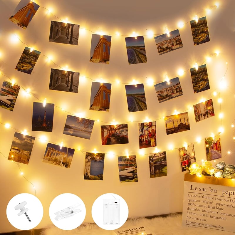 btfarm 10m LED Fotó Tündérfény 60 Csipesszel - Időzíthető Elemes Dekorációs Fényfüzér Képekhez, Esküvőre, Lakásba, Hálószobába - Meleg Fehér