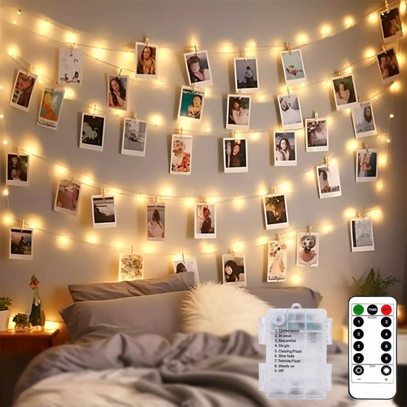 btfarm 10m LED Fotófüzér 100 LED Csipeszekkel - Távirányítós, 8 Világítási Mód, Vízálló, Időzíthető, Elemes Fényfüzér Képekhez Szobába