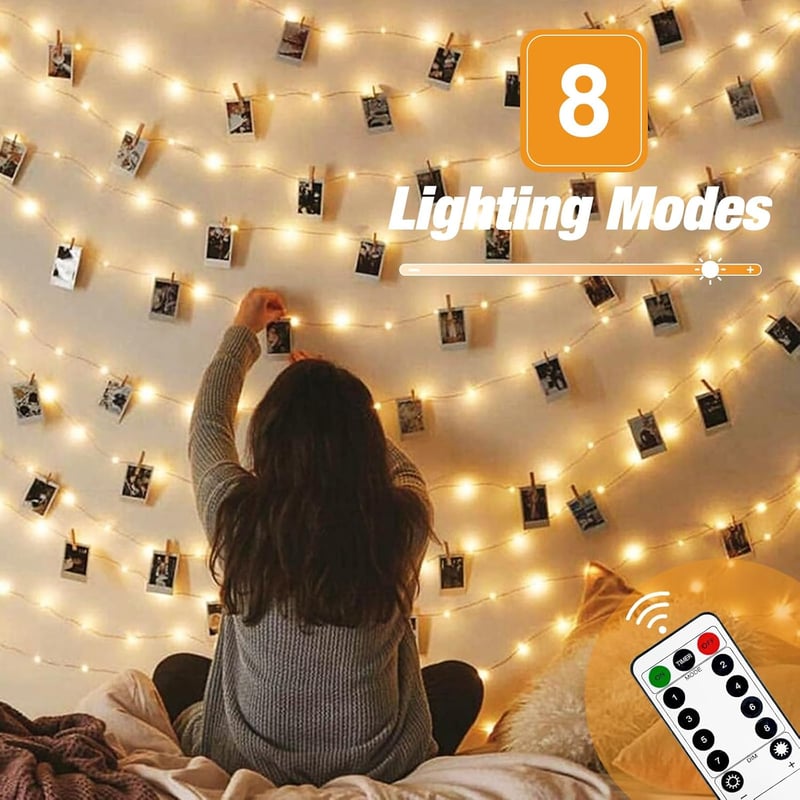 btfarm 10m LED Fotófüzér 100 LED Csipeszekkel - Távirányítós, 8 Világítási Mód, Vízálló, Időzíthető, Elemes Fényfüzér Képekhez Szobába