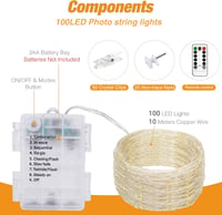 btfarm 10m LED Fotófüzér 100 LED Csipeszekkel - Távirányítós, 8 Világítási Mód, Vízálló, Időzíthető, Elemes Fényfüzér Képekhez Szobába 5