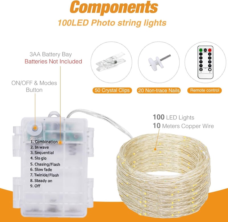 btfarm 10m LED Fotófüzér 100 LED Csipeszekkel - Távirányítós, 8 Világítási Mód, Vízálló, Időzíthető, Elemes Fényfüzér Képekhez Szobába