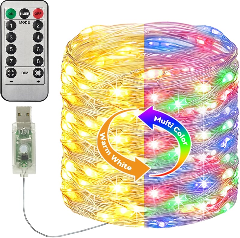 btfarm 120 LED Tündérfény USB Csatlakozóval - 12m Rézhuzalos Fényfüzér Távirányítóval, Időzítővel, 8 Világítási Móddal - Beltéri Dekoráció P