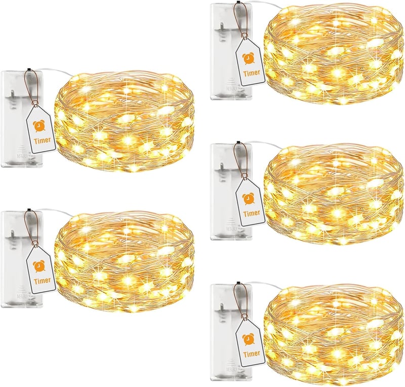 btfarm 5 db Elemes LED Tündérfény Időzítővel - 2m 20 LED Ezüst Mikro Fényfüzér Beltéri Dekorációhoz - Meleg Fehér Világítás Esküvőre, Karács