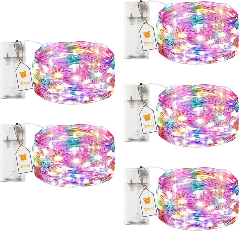 btfarm 5 db Színes LED Tündérfény Időzítővel - 2m 20 LED Ezüst Mikrovezeték - Elemes Fényfüzér Beltéri Dekorációhoz, Partikhoz, Karácsonyra,