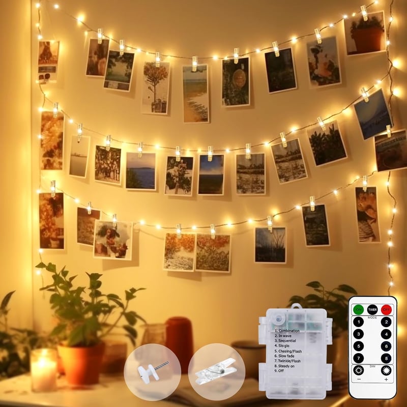 btfarm 5m 50 LED Fotóklip Fényfüzér Távirányítóval, 8 Mód, Vízálló, Időzítő, Elemről Működő