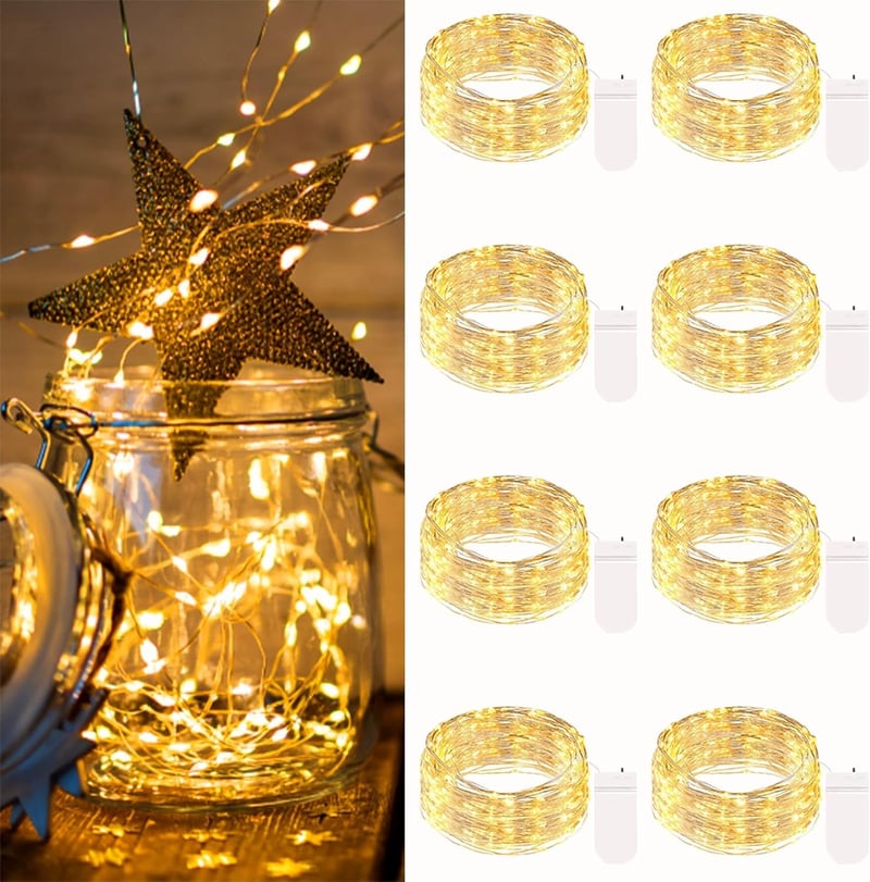 btfarm 8 db Elemes Tündérfény - 2m Ezüst Drót, 20 LED, Meleg Fehér Mikroégők, Vízálló Dekorációs Fényfüzér Karácsonyra, Esküvőre, Partikra