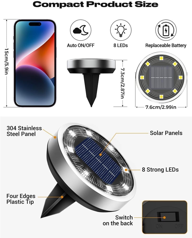 btfarm 9 db Napelemes Kerti Lámpa, 8 LED-es Kültéri Talajvilágítás, IP65 Vízálló, Fém-Műanyag, Járda, Terasz, Bejárat Megvilágításhoz, Hideg