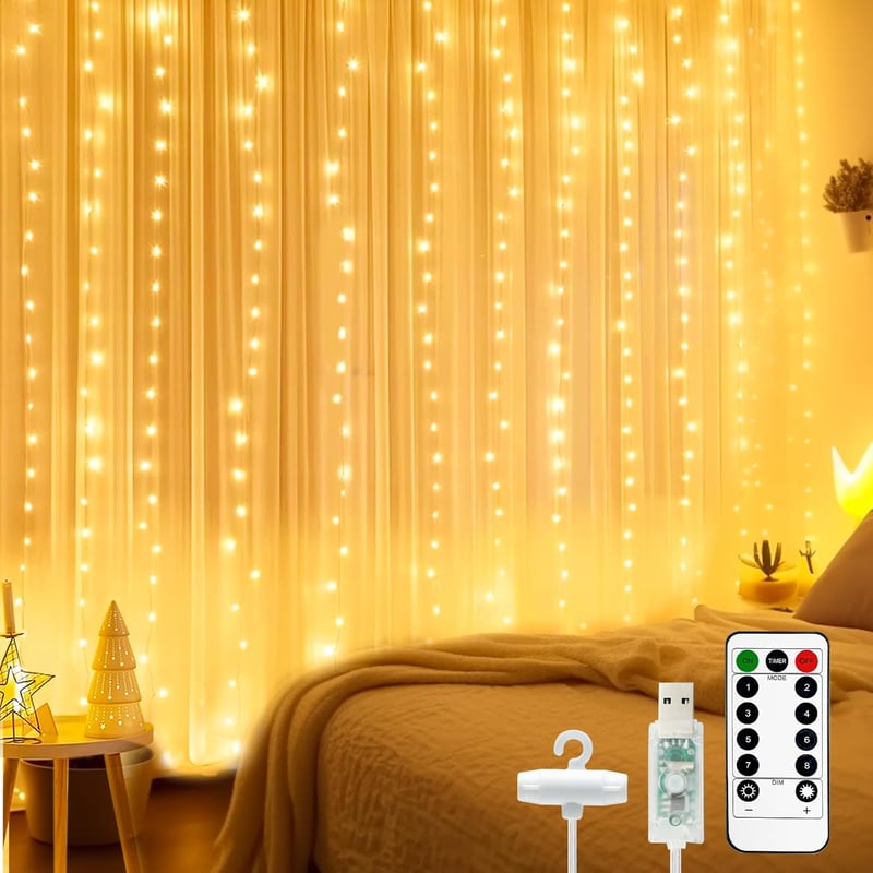 btfarm LED Fényfüggöny 2x2m - 200 Meleg Fehér LED, Távirányítóval, 8 Világítási Móddal, Időzítővel, USB - Vízálló Dekoráció Hálószobába, Nap