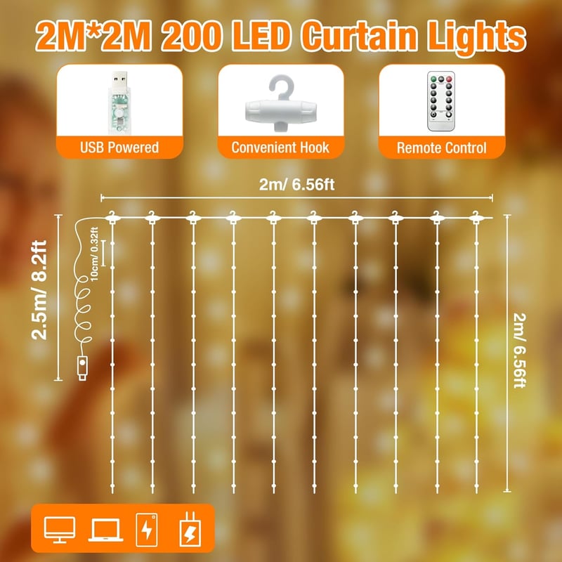 btfarm LED Fényfüggöny 2x2m - 200 Meleg Fehér LED, Távirányítóval, 8 Világítási Móddal, Időzítővel, USB - Vízálló Dekoráció Hálószobába, Nap