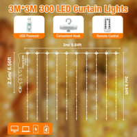 btfarm LED Fényfüggöny 3x3m, 300 LED Meleg Fehér - Távirányítós, 8 Világítási Mód, Időzítő, USB, Vízálló - Hálószoba, Nappali, Parti, Karács 5