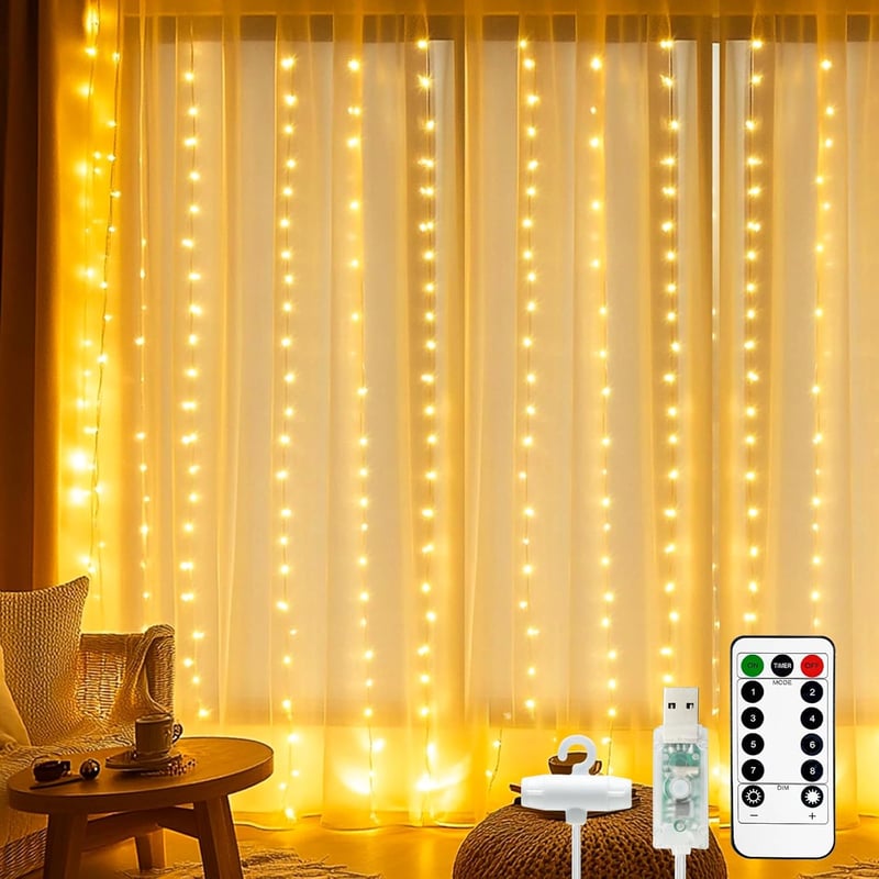 btfarm LED Fényfüggöny 3x3m, 300 LED Meleg Fehér - Távirányítós, 8 Világítási Mód, Időzítő, USB, Vízálló - Hálószoba, Nappali, Parti, Karács