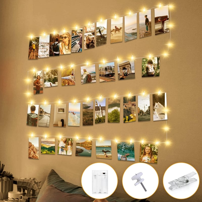 btfarm LED Fotó Tündérfény 50 LED-del, 30 Csipesszel - 5m Rézhuzal, Időzítővel, Elemes Működés - Szobadekoráció Képekhez, Falra