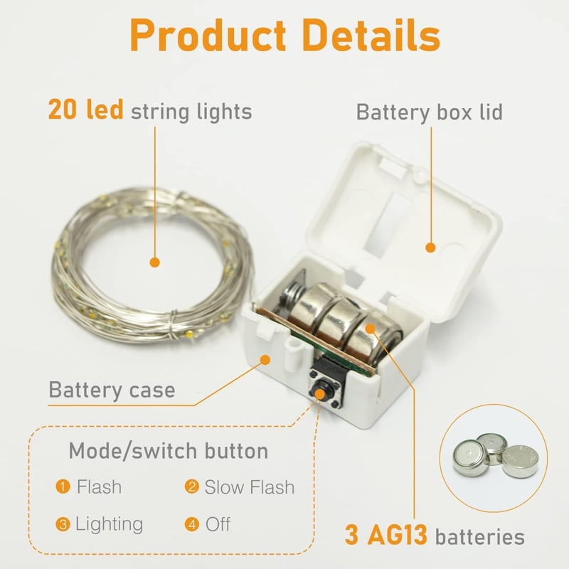 btfarm LED Tündérfény Csomag - 12db Elemes Mini Fényfüzér, 2m 20 LED, 3 Világítási Mód, Vízálló, Beltéri Dekorációhoz, Esküvőre, Karácsonyra