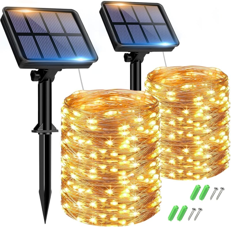 btfarm Napelemes Kerti Fényfüzér 2x15m 150 LED - Kültéri Vízálló IP65 Rézhuzalos Világítás 8 Üzemmóddal Kerthez, Teraszhoz, Fákhoz