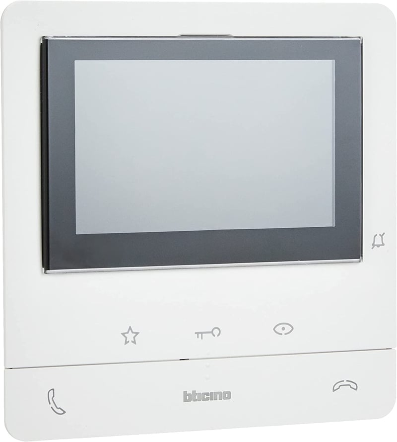 Unitate interioară video Bticino 344652 Classe 100 V16B cu ecran LCD color de 5 inchi (12,7 cm), 2 butoane de apel, 3 senzori și 4 butoane configurabile liber, indicator de stare LED, 16 tonuri de apel polifonice