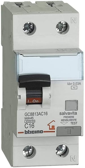 Întrerupător diferențial BTicino GC8813AC16 BTDIN 1P+N 4,5 kA Idn=0,03 A In=16 A, format compact