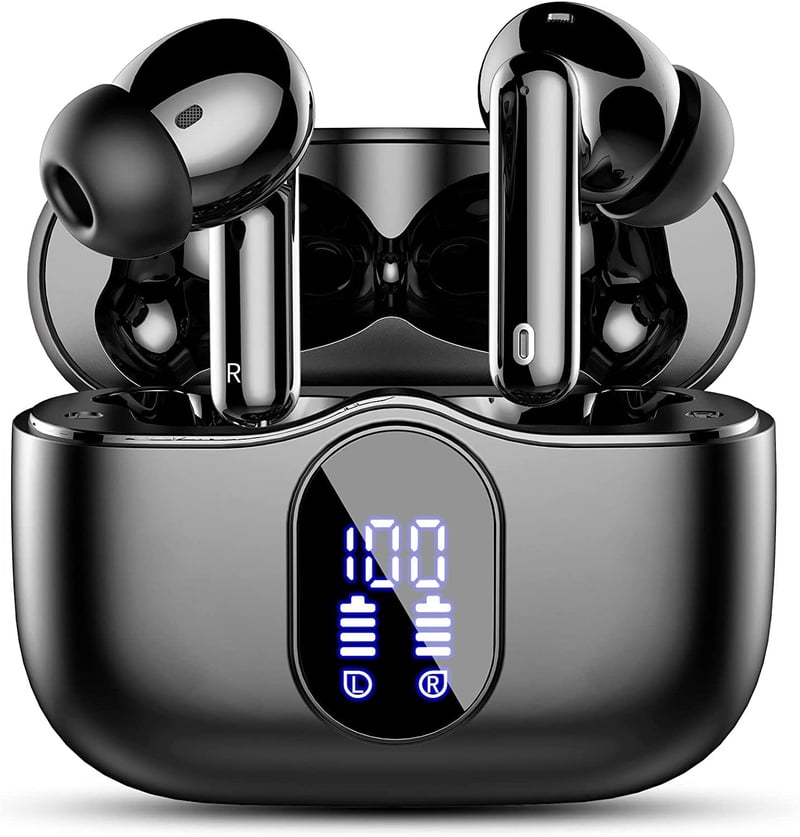 Bezdrôtové slúchadlá Btootos Bluetooth 5.3 so 4 mikrofónmi s potlačením hluku ENC, LED displejom, 36-hodinovou výdržou batérie, vodotesnosťou IP7 a Hi-Fi stereo zvukom