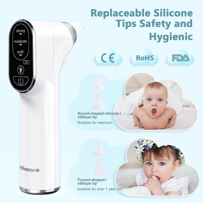 Bubbacare elektromos orrszívó LED lámpával, 4 szilikon fej és 3 szívóerő szinttel