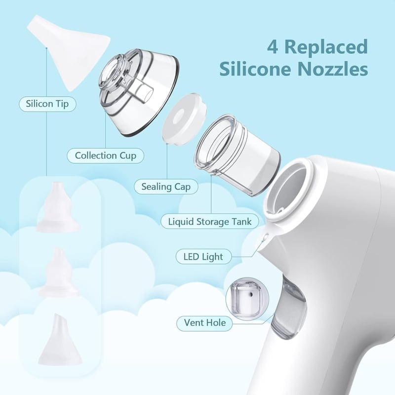 Bubbacare elektromos orrszívó LED lámpával, 4 szilikon fej és 3 szívóerő szinttel