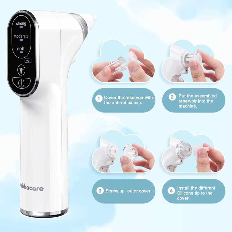 Bubbacare elektromos orrszívó LED lámpával, 4 szilikon fej és 3 szívóerő szinttel