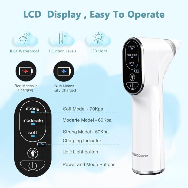 Bubbacare elektromos orrszívó LED lámpával, 4 szilikon fej és 3 szívóerő szinttel