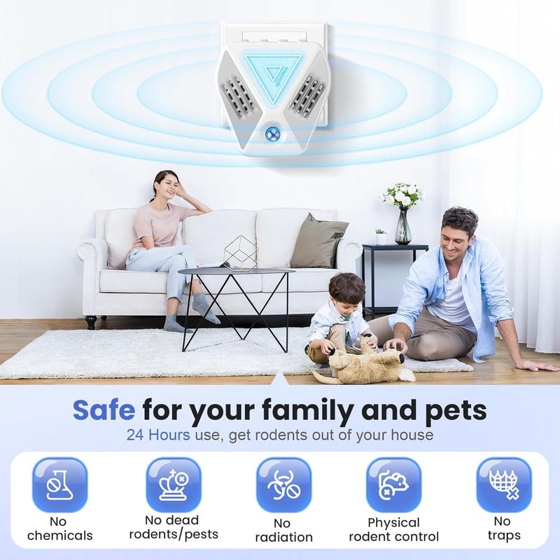 Bubbacare Ultrahangos Rágcsálóriasztó, 360°-os Egér- és Patkányriasztó, Szúnyogvédelem, 4 Üzemmód, 200m² Hatótávolság, Vegyszermentes (Fehér