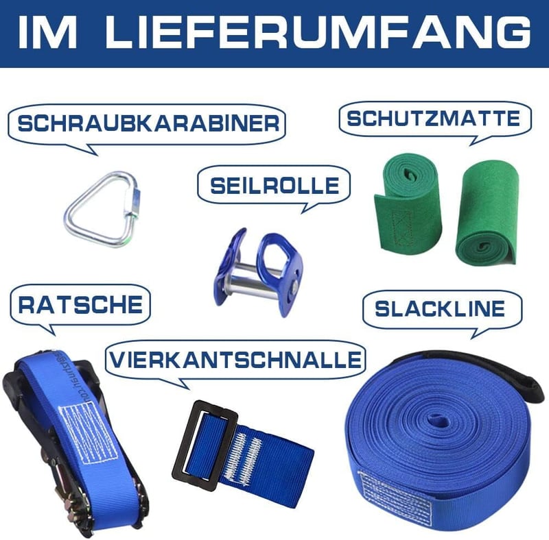 BUBBLEBAY Slackline Szett 15 m Kötéllel és Fa Védelemmel - Egyensúlyozó Kötélpálya Akadálypályához - Kültéri Egyensúlyfejlesztő Edzőeszköz