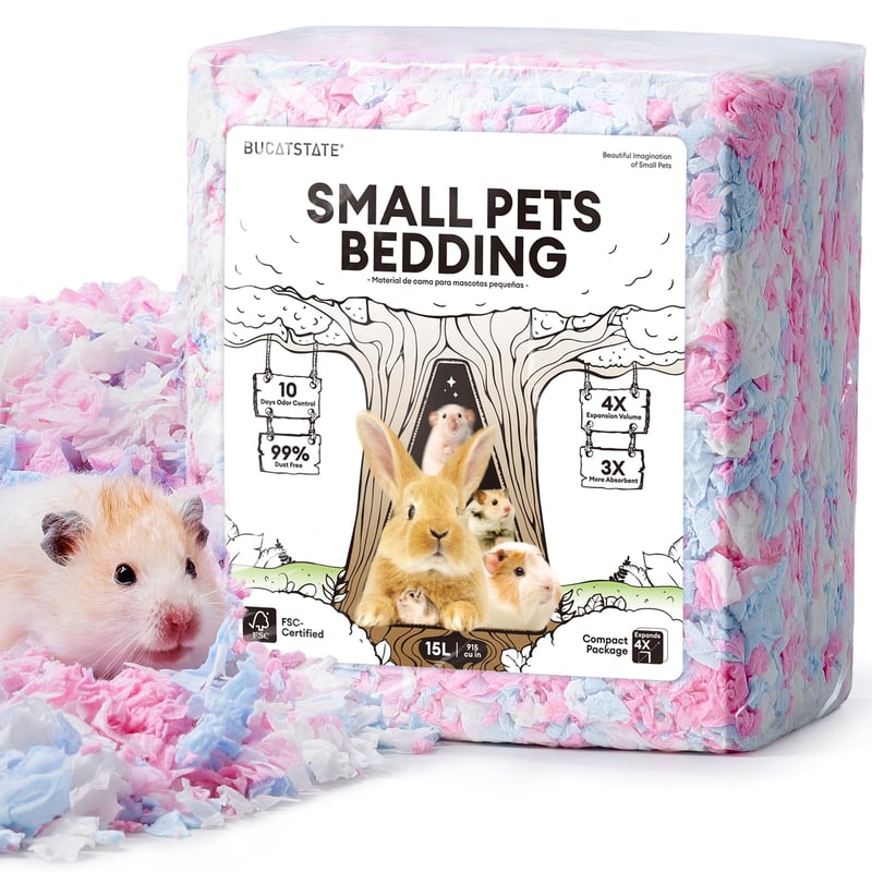 Așternut pentru hamsteri BUCATSTATE 15L - 99,9% fără praf, așternut din hârtie certificat FSC pentru iepuri, porcușori de Guineea și rozătoare, cu aromă de vată de zahăr
