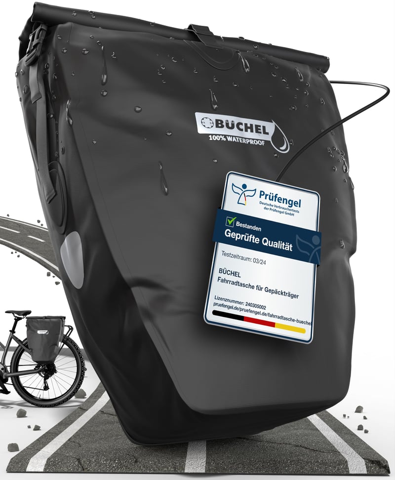 Vodotesná cyklistická brašna na nosič Büchel 25,4 l – 100 % vodotesná, s ramenným popruhom a rukoväťou, čierna, montáž na nosič batožiny