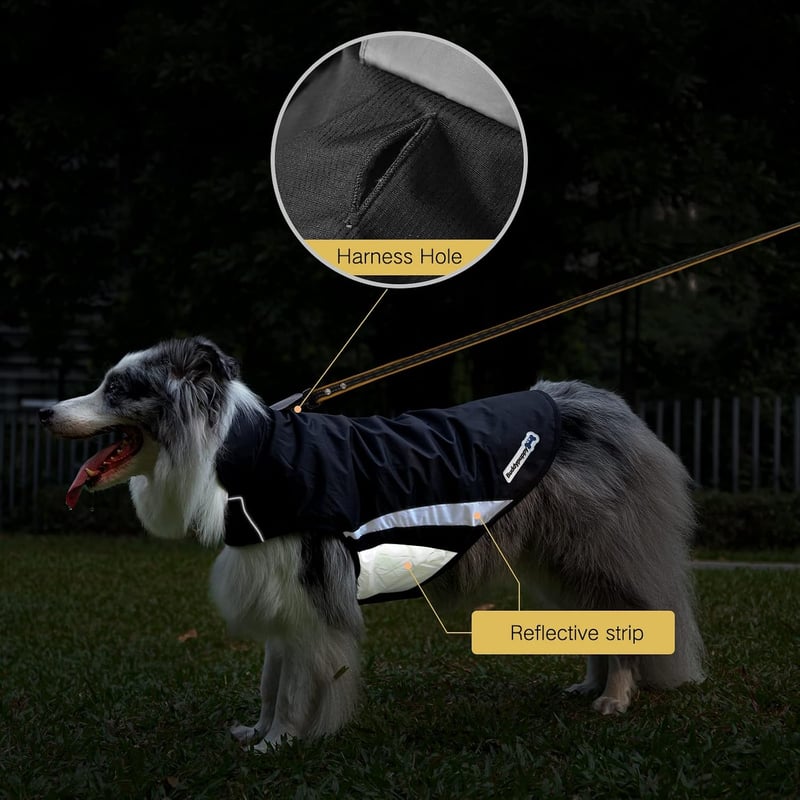 Buddypuppy Vízálló téli kutya esőkabát közepes-nagytestű kutyáknak bélelt fleece, hevedernyílással, fényvisszaverő csíkok, fekete