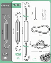 Set Accesorii Montaj Tendă Parasolar BUDONI – Cârlig Carabină și Întinzător M6 din Oțel Inoxidabil 4