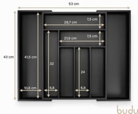Organizér na príbor Budu #43 (hĺbka 43 cm) z bambusu – Čierny – Rozšíriteľný organizér do kuchynskej zásuvky – Zásobník na príbor do zásuvky 7