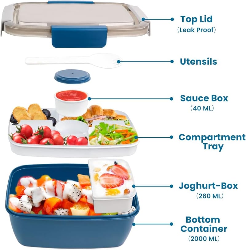 Bugucat 2000ml Bento Box 4 Rekeszes Ebéddoboz Saláta Tálka Szószmentes Mikrózható