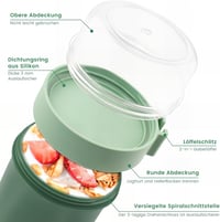 Bugucat Müzlis Pohár 760ml + 230ml Kanállal, Szorítható Joghurtos Reggeli Pohár Zöld 3