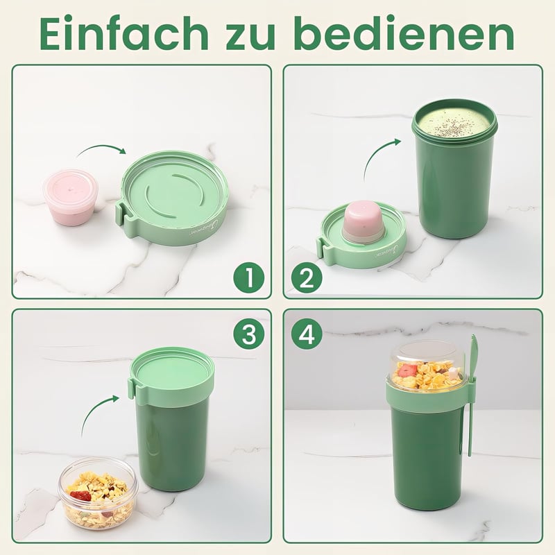 Bugucat Müzlis Pohár 760ml + 230ml Kanállal, Szorítható Joghurtos Reggeli Pohár Zöld