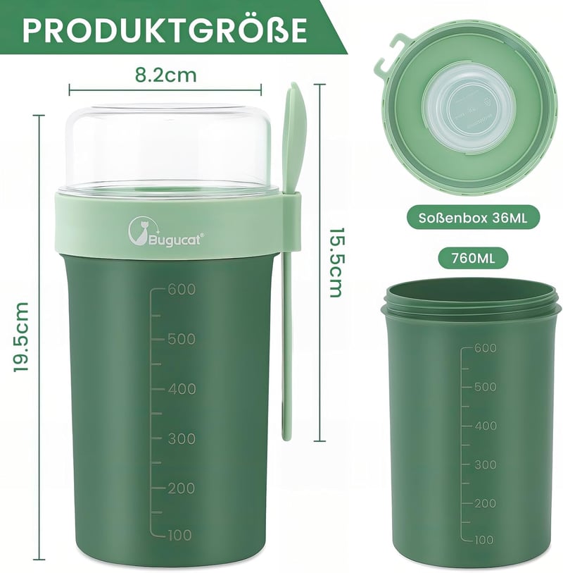Bugucat Müzlis Pohár 760ml + 230ml Kanállal, Szorítható Joghurtos Reggeli Pohár Zöld
